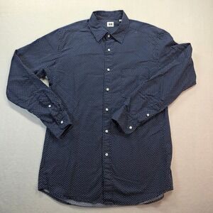 Uniqlo Men's Navy Blue White Polka Dot Long Sleeve Button Down Shirt Medium